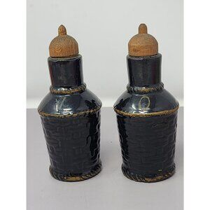 Vintage Black Ceramic Oil & Vinegar Cruet Set With Cork Stoppers Retro MCM Decor